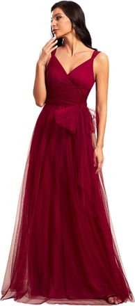 Ever-pretty Womens Elegant V Neck Sash Waist A-Line Maxi Tulle Wrap Dress Bridesmaid Dresses Burgundy 10UK