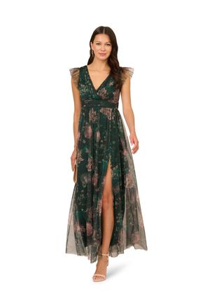 Adrianna Papell Womens Print Tulle Maxi Dress - Green - Size Medium