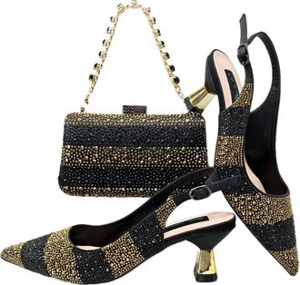 Generic Womens Satin Pointy Toe Pumps and Clutch Bag Set Sparkly Rhinestone Decoration for Evening Party Wedding