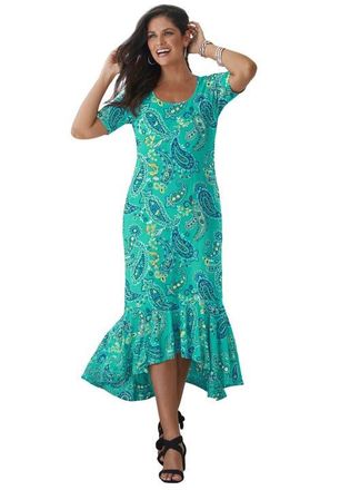 Jessica London Stretch Knit Flounce Hem Maxi Dress in Aqua Sea Playful Paisley at Nordstrom, Size 30