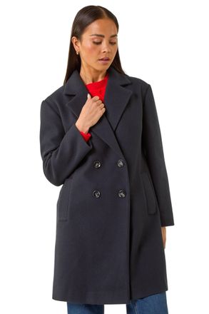 Roman Womens Petite Double Breasted Revere Collar Coat - Blue - Size 14 UK