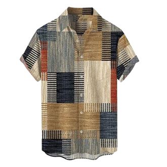 Generic Vintage Checked Shirt Mens, Short Sleeve Beach Shirts Lightweight Breathable Summer Holiday Shirts Smart Casual Button Down Shirt Color Block Loose Ha