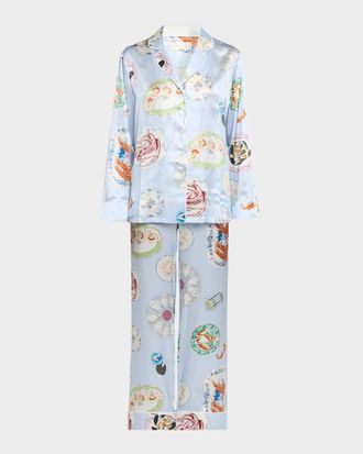 Olivia Von Halle Lila Cadiz Seafood-Print Silk Satin Pajama Set