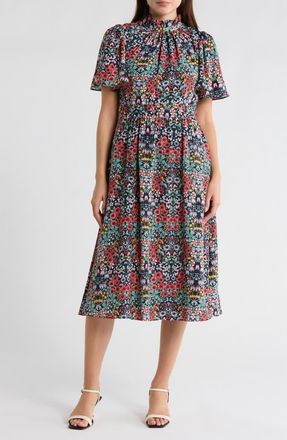 Julia Jordan Ruffle Neck Flutter Sleeve A-Line Dress in Navy Multi at Nordstrom Rack, Size 2