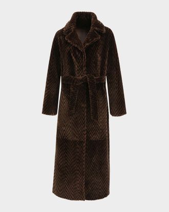 Gorski Reversible Chevron-Print Grooved Shearling Lamb Coat With Belt
