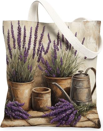 Generic Spring Farmhouse Lavender Canvas Tote Bag for Shopping 13x15, Rustic Vintage Floral Reusable Grocery Print Bag for Women Men, Country Flower Aesthetic
