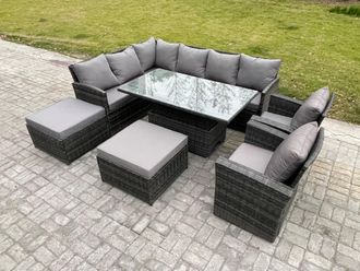 Fimous Outdoor Garden Furniture Set Wicker PE Rattan Height Adjustable Rising Lifting Table Sofa Dining Set with 2 Big Footstool 2 Armchairs