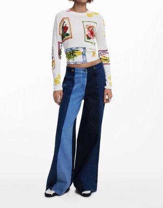 Desigual Tropical Stamps Sweater In White/multi