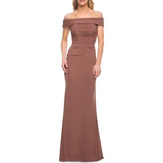 La Femme Ruched Off the Shoulder Net Jersey Evening Dress in Cocoa at Nordstrom, Size 10