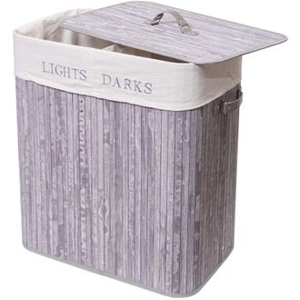 Hhg [NON UTILIZZATO] Cesta borsa portabiancheria bagno elegante HHG-153 legno bamb&ugrave; 34x55x63cm 100l grigio blu