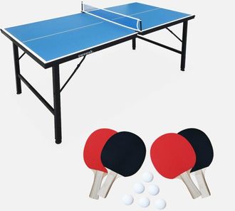 Sweeek Sweeek - Mesa De Ping Pong Interior Plegable Con 4 Raquetas Y 6 Pelotas, Ping Pong, Azul, 150x75x68 Cm