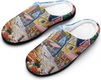 Generic Colorful Coastal Town Womens Slippers Warm House Slippers Indoor House Shoes with Anti-Skid Rubber Sole