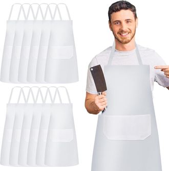 OEM Juego De 12 Delantales De Cocina Ajustables Con 2 Bolsillos - Delantal De Chef Unisex Para Pasteler&iacute;a, Restaurante, Cafeter&iacute;a, Blanco, 76 Cm