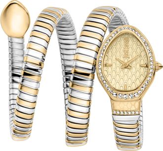 Just Cavalli Womenss Snake Watch, Gold Color Case, Champagne Dial, Two Tone Silver Stainless Steel Bracelet