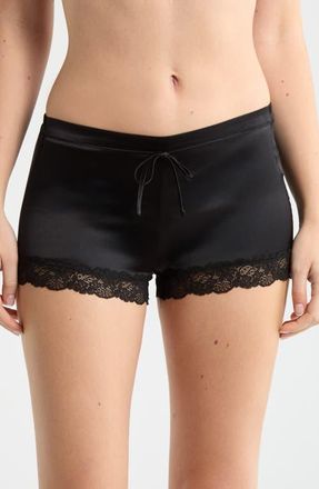 Etam Milky Lace Trim Washable Silk Satin Pajama Shorts in Black at Nordstrom, Size X-Large