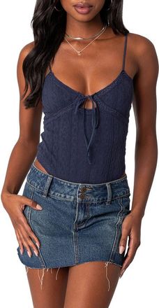 Edikted Lacey Keyhole Knit Bodysuit in Navy at Nordstrom, Size X-Small
