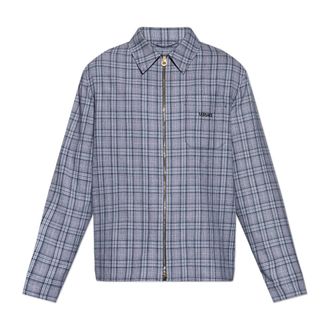 Versace Casual Shirts, male, Blue, Size: 2XL Checked Wool Flannel Zip Overshirt