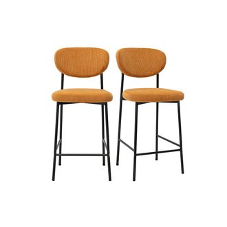 Miliboo Taburetes De Bar Fijos En Tela De Terciopelo De Pana Amarillo Curry H65 Cm (juego De 2) Breka