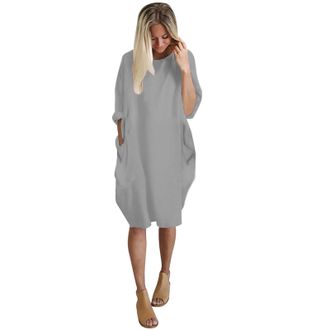 Generic Sweat Dress Womens Oversized Long Casual Wrap Dress Tunic Dresses with Pockets Long Sleeve Blouse Dress Elegant Round Neck Midi Dress Womens Knee-Leng