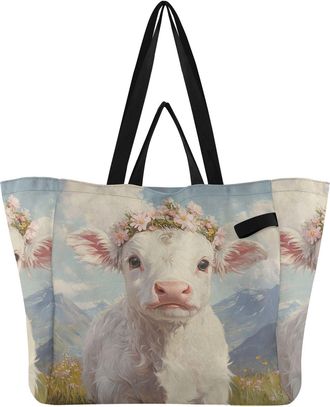 Generic Flower Cow White print Reusable Canvas Tote Bag, Heavy Duty Grocery Shopping Bag with Double Handles Large Capacity Hard Bottom Work Groceries Travel