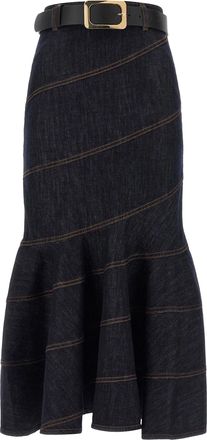Self Portrait Blue Belted Cotton-Blend Midi Skirt