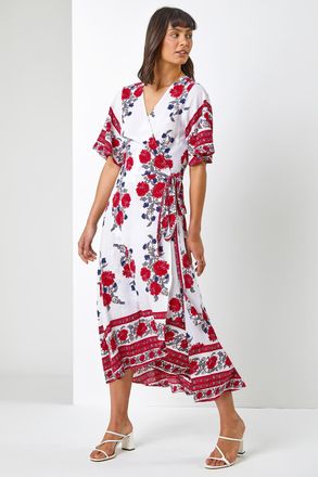 Roman Floral Border Print Wrap Dress