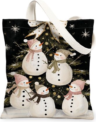 Generic Winter Snow Man Canvas Tote Bags, Cute Holiday Pattern Reusable Grocery Bags, Vintage Lightweight Washable Shoulder Strap C, Black, 13x15 Inch