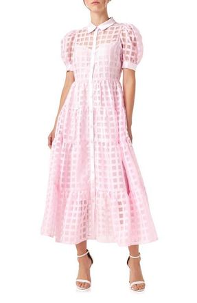 English Factory Grid Pattern Tiered Midi Shirtdress in Baby Pink at Nordstrom, Size X-Small