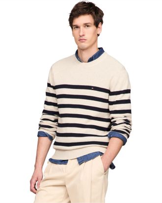 Tommy Hilfiger Mens Waffle Knit Crewneck Sweater Lightweight Pullover, Also Available in Big & Tall, Oatmilk HTR/Desert Sky, Medium