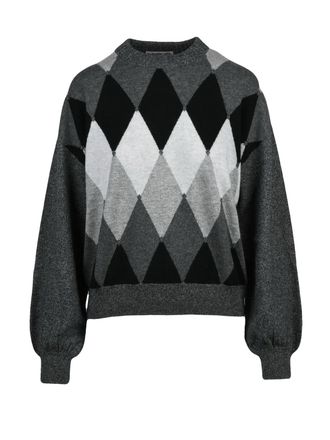 Ballantyne Classic Crew Neck Cashmere Sweater with Puff Sleeves and Argyle Pattern