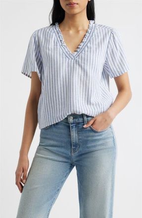Beach Lunch Lounge Bree Ruffle Linen & Cotton Top in Misty Lines at Nordstrom, Size X-Large