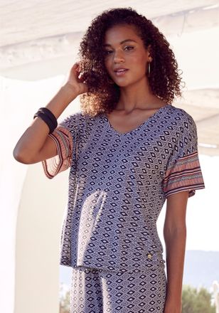 Vivance Pyjamaoberteil VIVANCE DREAMS, Damen, Gr. 32/34, braun (braun gemustert), Single Jersey, Obermaterial: 100% Viskose, bequem taillenbedeckt, V-Ausschni