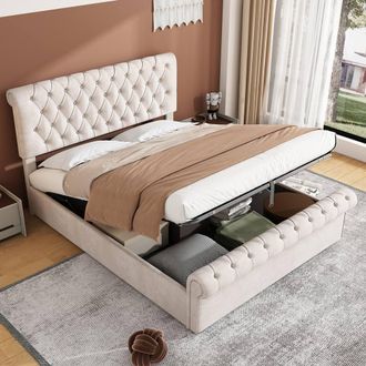 Matteo Luxurious Velvet Double Bed with Button-Tufted Sleigh, Beige
