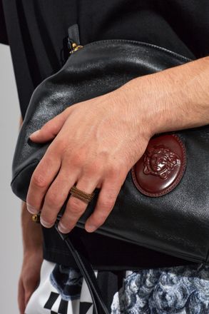 Versace Brass Ring With Logo, Mens, Gold