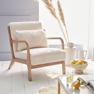 Sweeek Scandi-style Boucle Wooden Armchair With Cushion in White