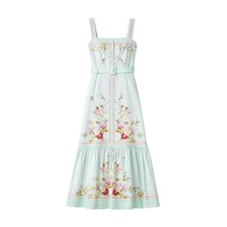 Self Portrait Maxi Dresses, female, Green, Size: S Linen Floral Dress with Belt
