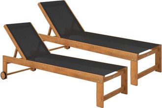 OUTSUNNY Juego De 2 Tumbonas De Madera De Acacia Tumbonas De Jard&iacute;n Exterior Con Ruedas Respaldo Ajustable En 4 Niveles Carga 160 Kg Teca Y Negro