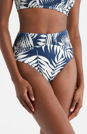 Hutch Smocked High Waist Bikini Bottoms in Navy Paradise Foliage at Nordstrom, Size Small