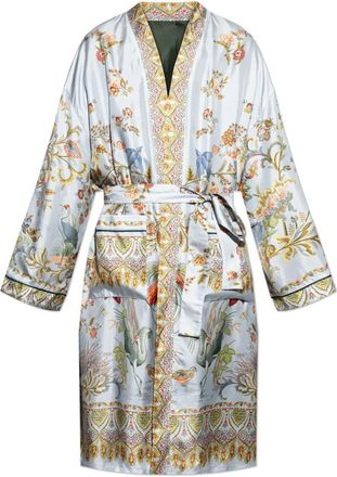 Etro Zijden kamerjas met flora- en fauna-print - Heren - Badjassen - Blauw - M - Polyester - Nachtkleding