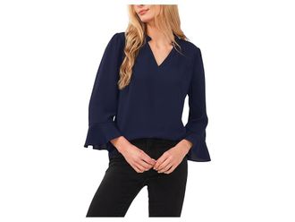 CeCe by Cynthia Steffe Elbow Ruffle Sleeve V-Neck Blouse Womens Clothing Classic Navy : MD, Polyester