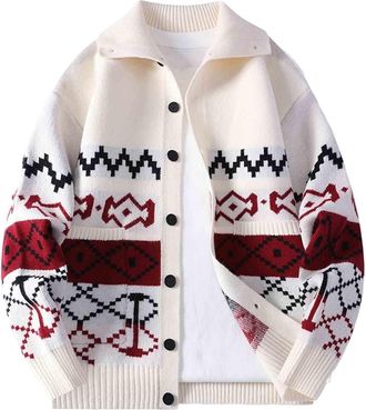 Generic Christmas Cardigan Men Knitted Xmas Jumpers with Pockets Long Sleeve Button Up Festive Sweaters Lapel Collar Fair Isle Jumper Classic Fit Designer Jac