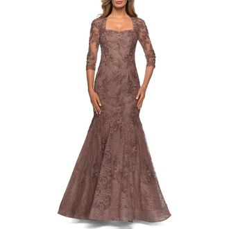 La Femme Long Lace Mermaid Gown with Square Neckline in Cocoa at Nordstrom, Size 14