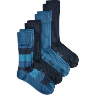 BOSS Assorted 4-Pack Stripe & Solid Ribbed Cotton Blend Dress Socks Gift Box in Dark Blue at Nordstrom, Size 7-13