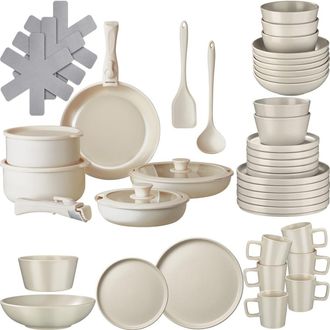TecTake Set b&aacute;sico de cocina para 6 personas, 46 piezas, gris topo/blanco