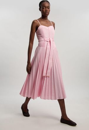 Karen Millen Womens Cotton Top Stitch Dropped Waist Woven Strappy Midi Dress - Light Pink - Size 12 UK