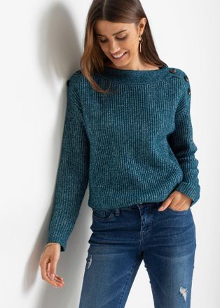 Bonprix Strickpullover BONPRIX Pullover mit Kn&ouml;pfen, Damen, Gr. 52/54 (XXL), blau (blaupetrol meliert), Obermaterial: 100% Polyester, oversize, Pullover Stric
