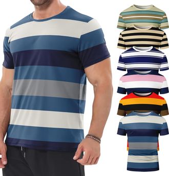 Generic 6 Pack Mens Big and Tall Shirts Summer Cotton Short Sleeve Tee Crew Neck Casual Top Basic Oversize T Shirts Mens Striped Shirt Short Sleeve T-Shirts (