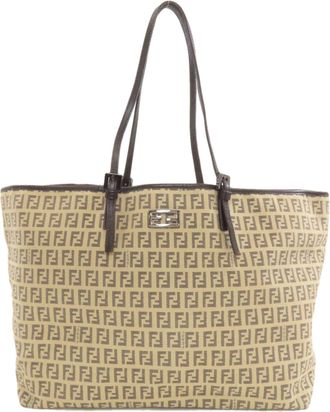Fendi Zucca Beige Black Canvas Leather Tote Bag (Pre-Owned)