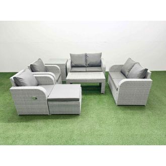 Fimous 7 Seater Outdoor Reclining Chair Love Sofa Set Rattan Garden Furniture Set with Oblong Coffee Table Footstool Side Table Light Grey - Fimous