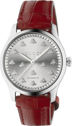 Gucci 38 mm stalen kast- zon geborstelde wijzerplaat met bijen- rode gekleurde alligator band - Dames - Horloges - Bruin - ONE Size - Accessoires